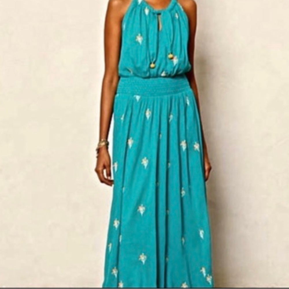 Anthropologie Teal Floral Maxi Dress